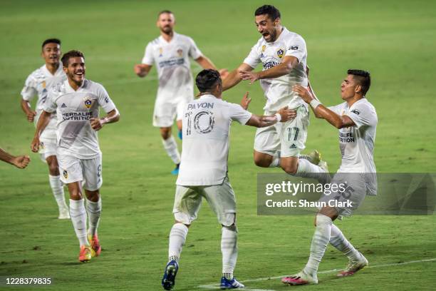 Sebastian Lletget of Los Angeles Galaxy celebrates his first goal during the Los Angeles Galaxy's MLS match against Los Angeles FC at the Dignity...