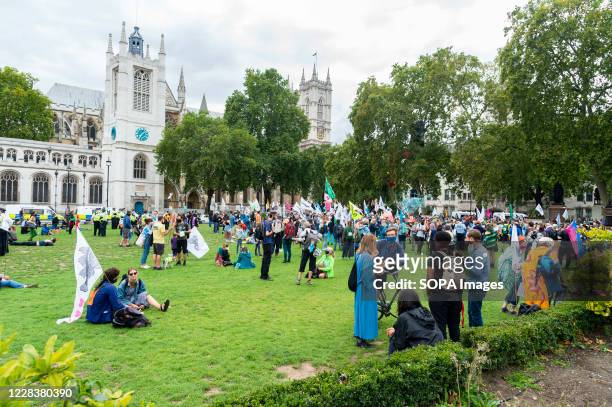 Protesters gather at the Parliament Square during the demonstration. The groups of Extinction Rebellion Marine, Ocean Rebellion, Sea Life Extinction...
