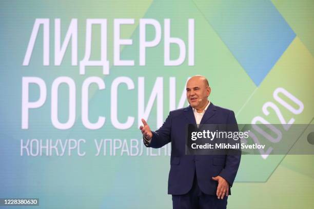 Russian Prime Minister Mikhail Mishustin delivers a speech during his meeting with participants of the Leaders of Russia Management Contest on...