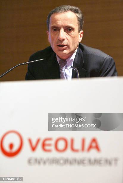French utilities services group Veolia Environnement chairman and CEO Henri Proglio gives a speech, 13 March 2006 in Paris, during the presentation...