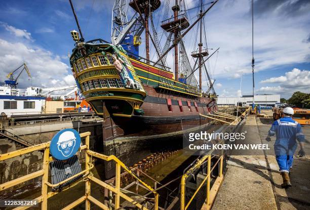 The VOC ship Amsterdam is in dry dock at Damen Shipyards in Amsterdam for repairs on September 7, 2020. - The ship, a replica of the Dutch East India...