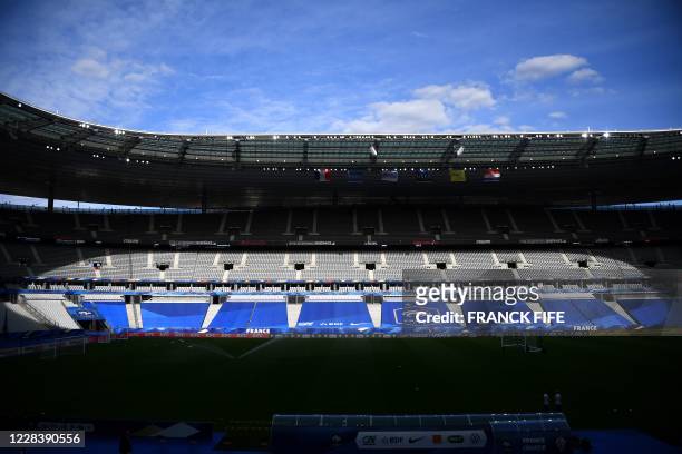 Picture taken on September 7 shows a general view of the Stade de France in Saint-Denis, outside Paris, on the eve of the UEFA Nations League Group 3...