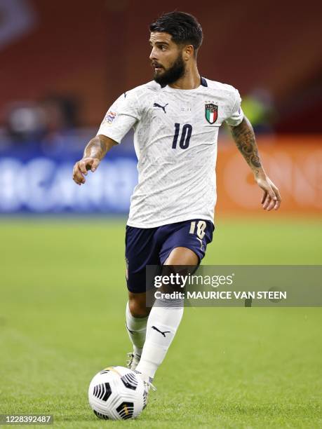 Italy's forward Lorenzo Insigne plays the ball during the UEFA Nations League Group A football match between The Netherlands and Italy at the Johan...