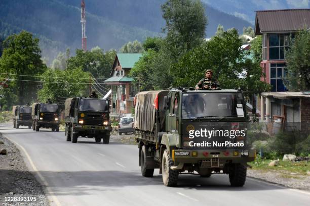 Indian Army move towards Ladakh at Gagangeer area of Ganderbal district as the standoff escilates on 07 September 2020. After the recent face off...