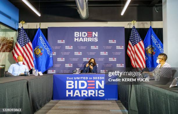 Democratic vice presidential nominee and Senator from California, Kamala Harris, speaks during a "Build Back Better" roundtable with Black Milwaukee...