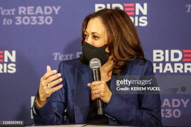 Democratic vice presidential nominee and Senator from California, Kamala Harris, speaks during a "Build Back Better" roundtable with Black Milwaukee...