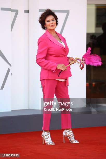 Corinne Clery walks the red carpet ahead of the movie ''Dorogie Tovarischi!'' at the 77th Venice Film Festival on September 07, 2020 in Venice, Italy.