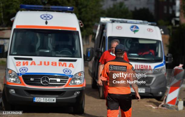 Two ambulances seen outside in Gdansk center. On August 31 in Gdansk, Poland.