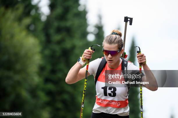 Emilie Behringer of Germany in action competes during the Women 7.5 km sprint competition at the German Biathlon Championships 2020 on September 5,...