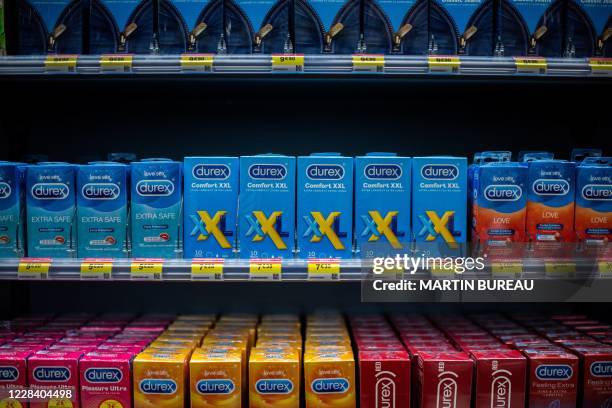 Condoms are displayed in the biggest French pharmacy in Paris, on September 8, 2020.