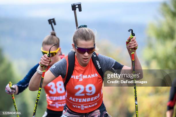 Emilie Behringer of Germany in action competes during the Women 10 km Pursuit competition at the German Biathlon Championships 2020 on September 6,...