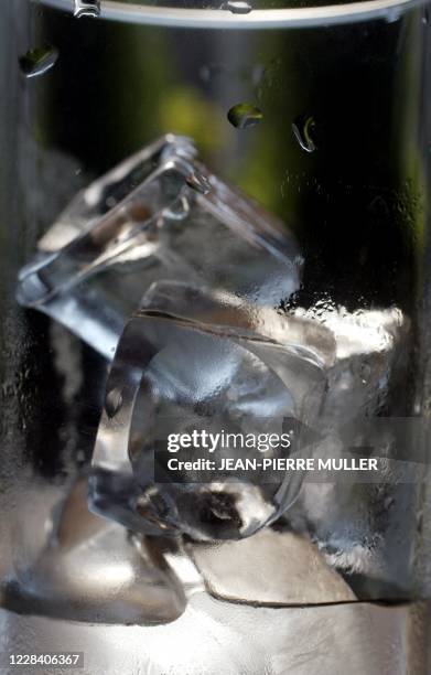 Photo prise le 13 août 2003 à Paris, de glaçons placés dans un verre. La température monte chez les fabricants de glace à rafraîchir : leur outils de...