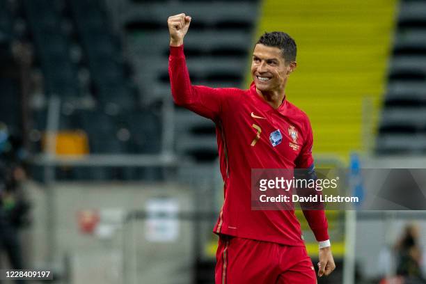 Cristiano Ronaldo of Portugal celebrates after scoring the 0-1 goal during the UEFA Nations League group stage match between Sweden and Portugal at...