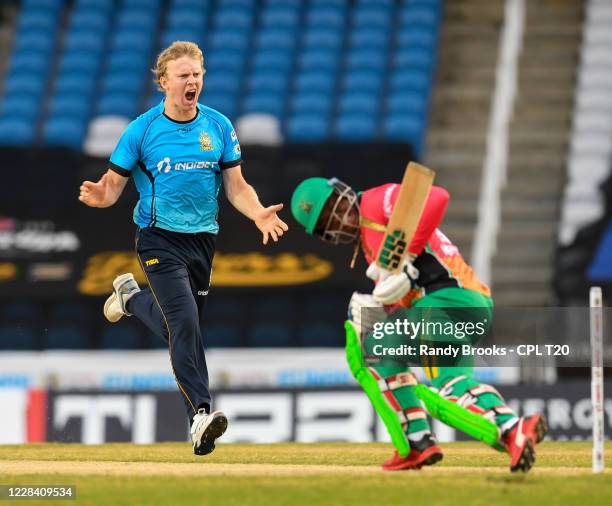 Scott Kuggelejin of St Lucia Zouks celebrates the dismissal of Shimron Hetmyer of Guyana Amazon Warriors during the Hero Caribbean Premier League...