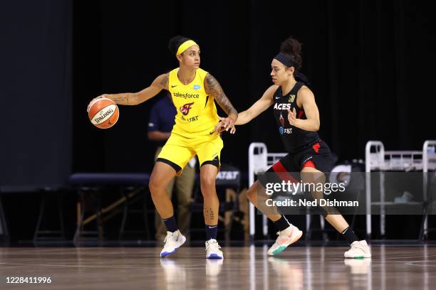 Candice Dupree of the Indiana Fever handles the ball against the Las Vegas Aces on September 8, 2020 at Feld Entertainment Center in Palmetto,...