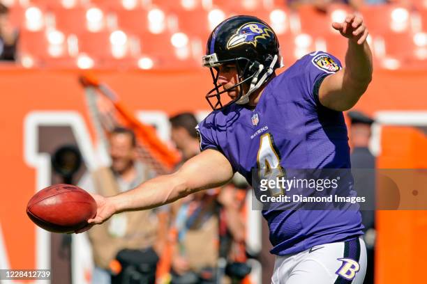 Punter Sam Koch of the Baltimore Ravens warms up prior to a game against the Cleveland Browns at FirstEnergy Stadium on September 21, 2014 in...