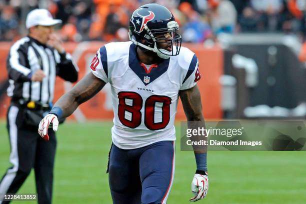 Wide receiver Andre Johnson of the Houston Texans waits for the snap in the first quarter of a game against the Cleveland Browns at FirstEnergy...