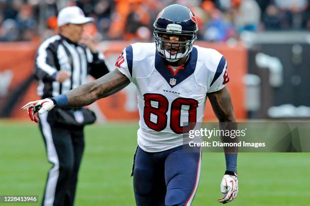 Wide receiver Andre Johnson of the Houston Texans waits for the snap in the first quarter of a game against the Cleveland Browns at FirstEnergy...