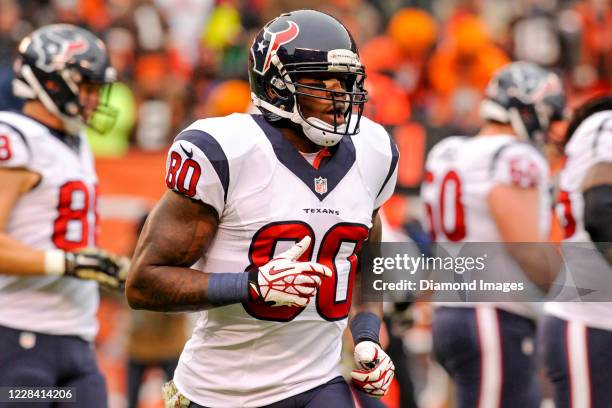 Wide receiver Andre Johnson of the Houston Texans on the field in the first quarter of a game against the Cleveland Browns at FirstEnergy Stadium on...