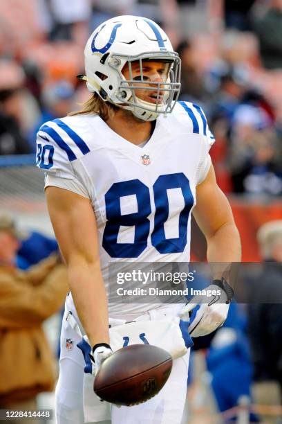 Tight end Coby Fleener of the Indianapolis Colts warms up prior to a game against the Cleveland Browns at FirstEnergy Stadium on December 7, 2014 in...