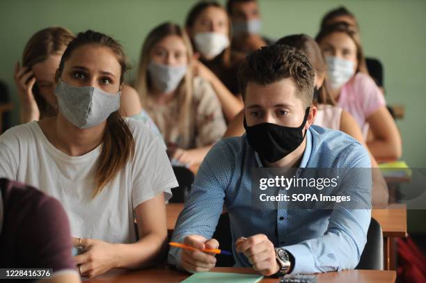 Students of Tambov University are seen wearing protective masks in the classroom as a precaution against Covid-19. Students at many Russian...