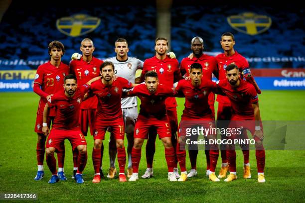 Portugal's players pose for a team photo prior to the UEFA Nations League football match between Sweden and Portugal on September 8, 2020 in Solna,...