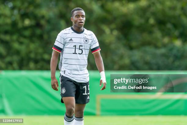 Youssoufa Moukoko of Germany looks on during the international friendly match between Germany U20 and Denmark U20 at Ernst-Wagener-Stadion on...