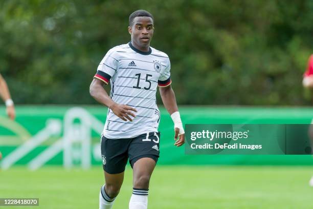 Youssoufa Moukoko of Germany looks on during the international friendly match between Germany U20 and Denmark U20 at Ernst-Wagener-Stadion on...