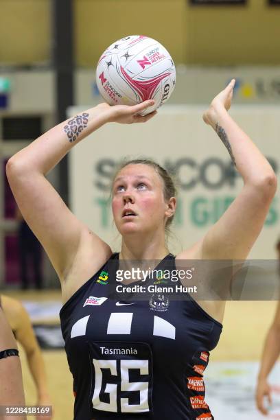 Emma Ryde takes a shot during the round 11 Super Netball match between the Giants and the Collingwood Magpies at University of Sunshine Coast Stadium...