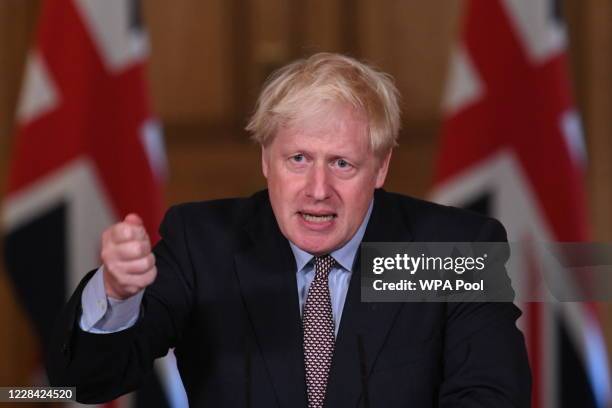Prime Minister Boris Johnson attends a virtual press conference at Downing Street on September 9, 2020 in London, England. As from Monday September...