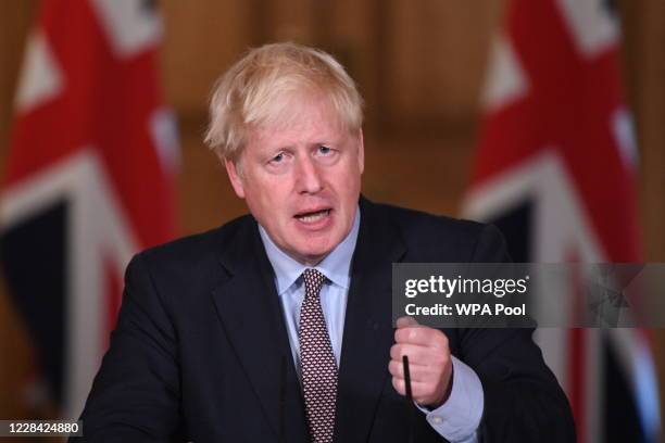 Prime Minister Boris Johnson attends a virtual press conference at Downing Street on September 9, 2020 in London, England. As from Monday September...