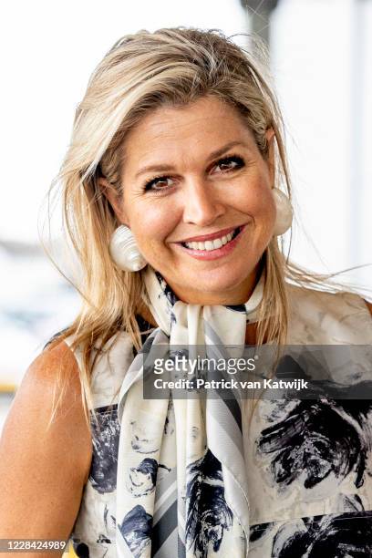Queen Maxima of The Netherlands attends the national Music Table Day of Foundation More Music in the Class on September 09, 2020 in Katwijk,...