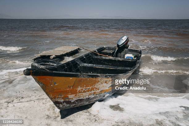 Boat for rent is anchored at Lake of Urmia in the northwest of Iran, which had been shrinking in one of the worst ecological disasters of the past 25...