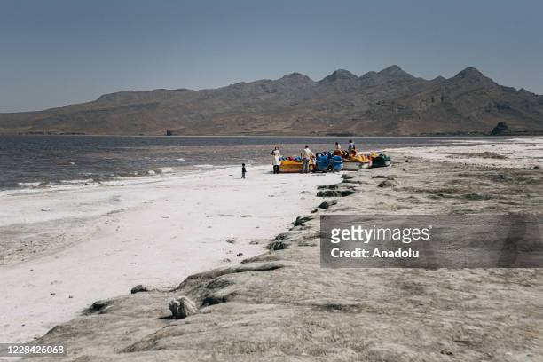 Paddle boats for rent are anchored at Lake of Urmia in the northwest of Iran, which had been shrinking in one of the worst ecological disasters of...