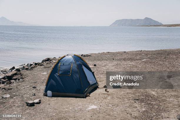 Tent is set up at the Lake of Urmia in the northwest of Iran, which had been shrinking in one of the worst ecological disasters of the past 25 years,...