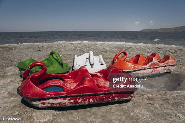 Paddle boats for rent are anchored at Lake of Urmia in the northwest of Iran, which had been shrinking in one of the worst ecological disasters of...