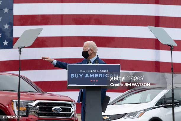 Democratic Presidential Candidate Joe Biden waves after speaking at United Auto Workers Union Headquarters in Warren, Michigan, on September 9, 2020.
