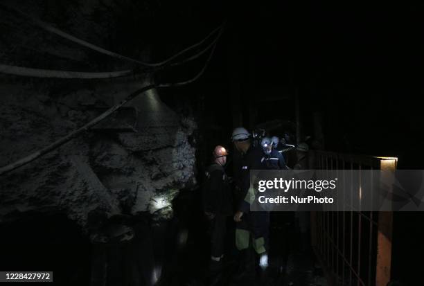 The miners exit the cage at the bottom level of the mine in Toretsk, Ukraine, August 30, 2020. 400 Ukrainian miners protest underground demanding...