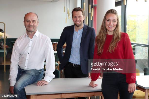 Corny Littmann, Hannes Vater and Tessa Aust attend the Schmidts Tivoli press conference on September 9, 2020 in Hamburg, Germany.
