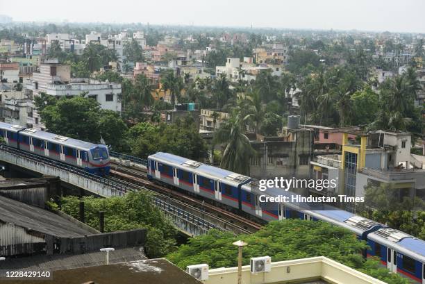 An aerial view of a Metro Train during a trial run from Kavi Subhash to Noapara station on September 9, 2020 in Kolkata, India. Metro services will...