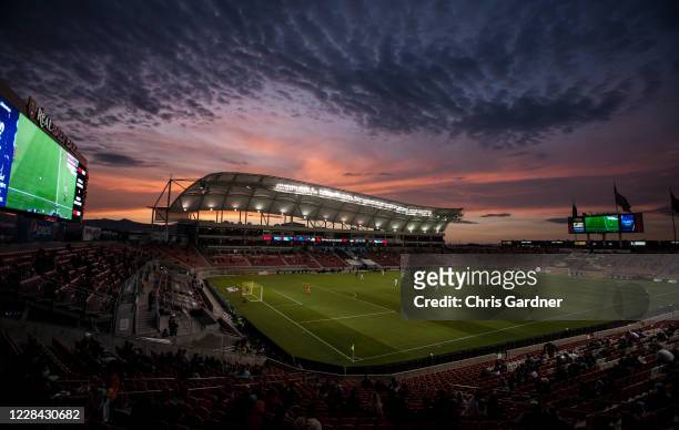 The sun sets over Rio Tinto Stadium during the game between Real Salt Lake of the Los Angeles FC on September 9, 2020 in Sandy, Utah.
