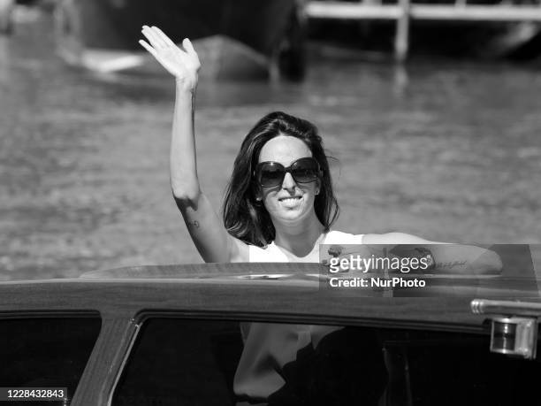 Image was converted to black and white) Gessica Notaro is seen arriving at the Excelsior during the 77th Venice Film Festival on September 09, 2020...