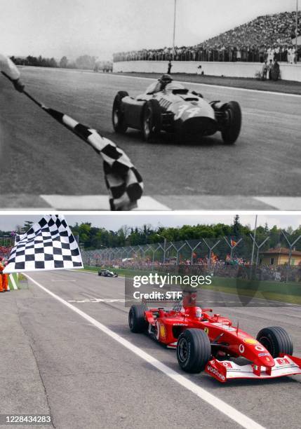 Combo of an undated picture of Argentine Lancia driver Juan Manuel Fangio crossing the finish line of his home Grand Prix in Buenos Aires , and a...