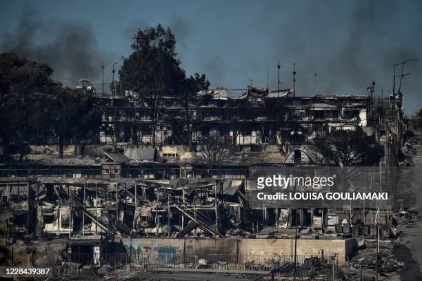 Picture taken on September 10, 2020 in Moria shows the Moria refugee camp, two days after Greece's biggest and most notorious migrant camp, was...