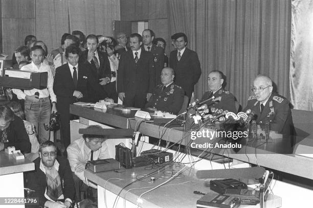 File photo dated September 12, 1980 shows then-Chief of the General Staff Kenan Evren  making a statement to the press after seized power in...
