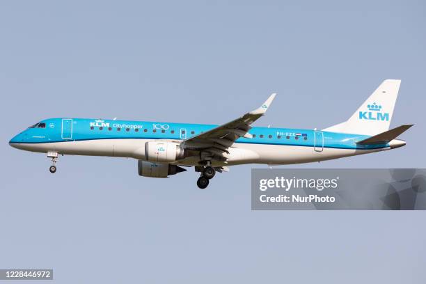 Cityhopper Embraer E190 lands at Newcastle Airport from Amsterdam Schiphol on 10th September 2020