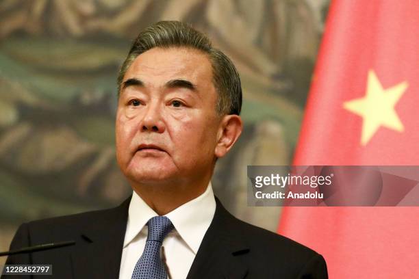 Chinese Foreign Minister Wang Yi and Russian Foreign Minister Sergey Lavrov hold a joint press conference after their meeting in Moscow, Russia on...