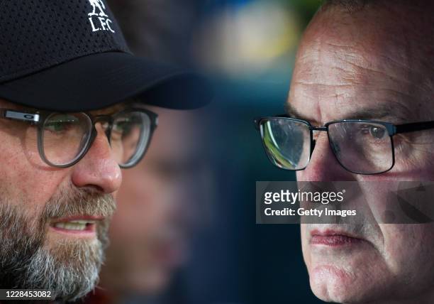 In this composite image a comparison has been made between Jurgen Klopp, Manager of Liverpool and Marcelo Bielsa manager of Leeds United. Liverpool...