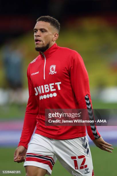 Marcus Browne of Middlesbrough during the Sky Bet Championship match between Watford and Middlesbrough at Vicarage Road on September 11, 2020 in...