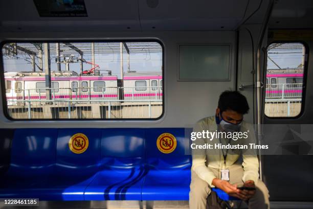 Magenta Line metro train running after services on the line were resumed as part of DMRC's reopening of metro service for public graded manner, on...